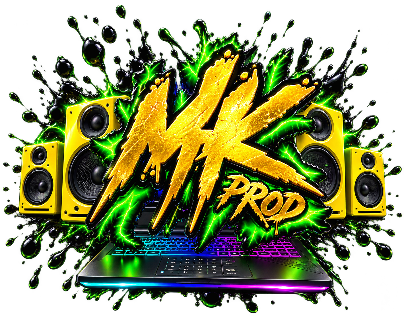 MK Production gold lettering surrounded by speakers and neon-green energy
