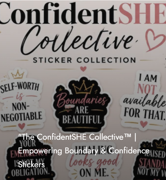 Pink and cream collage of The ConfidentSHE Collective stickers featuring boundary, self-worth, and confidence reminders