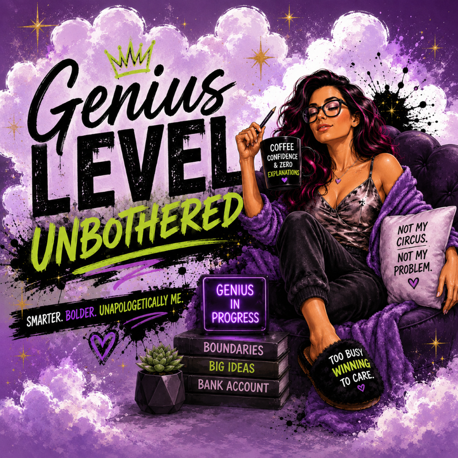 Purple editorial collage featuring a confident woman, Genius Level Unbothered lettering, big ideas, and boundary reminders