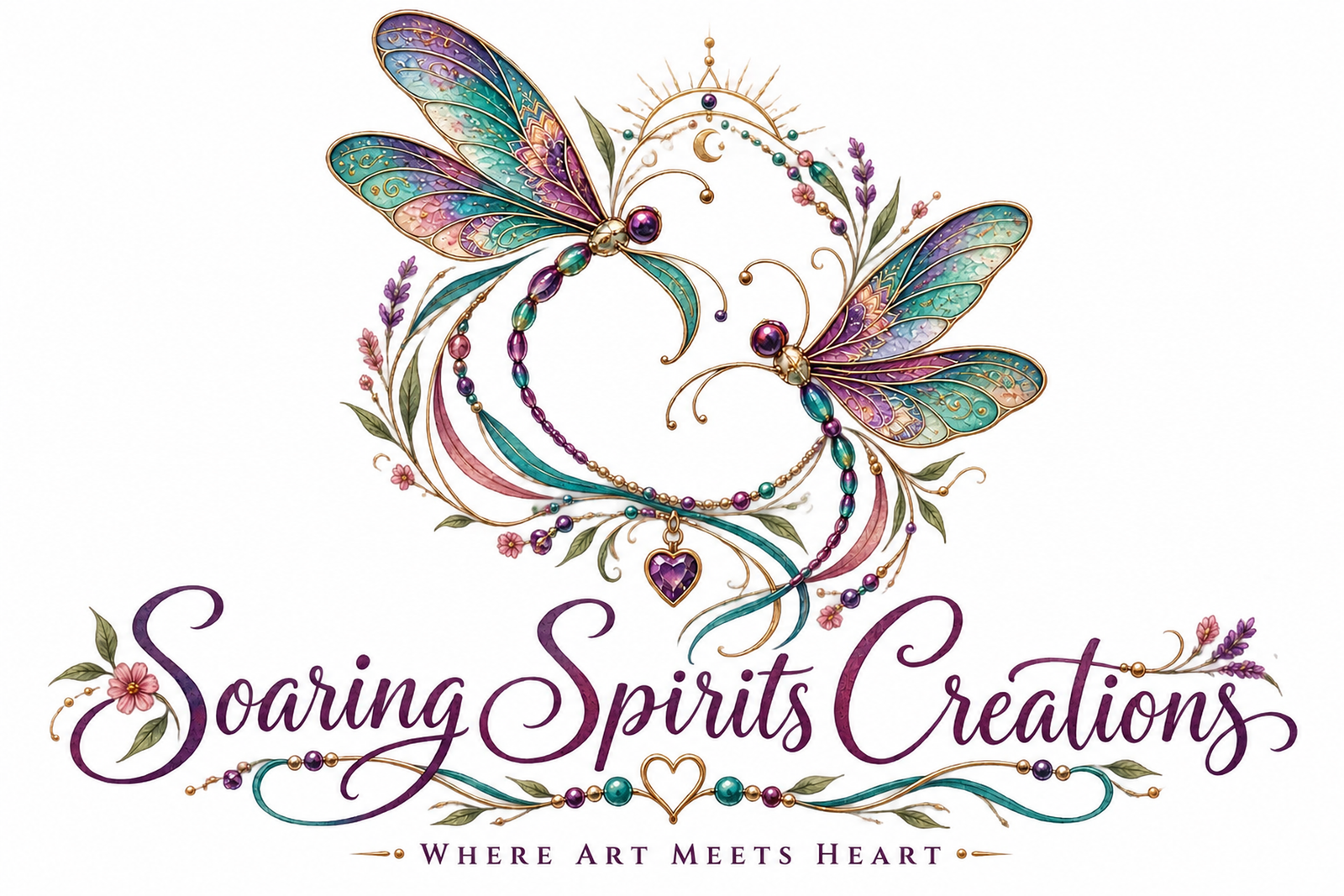Soaring Spirits Creations logo with colorful floral dragonflies, gold accents, a heart ornament, the purple wordmark, and the “Where Art Meets Heart” tagline