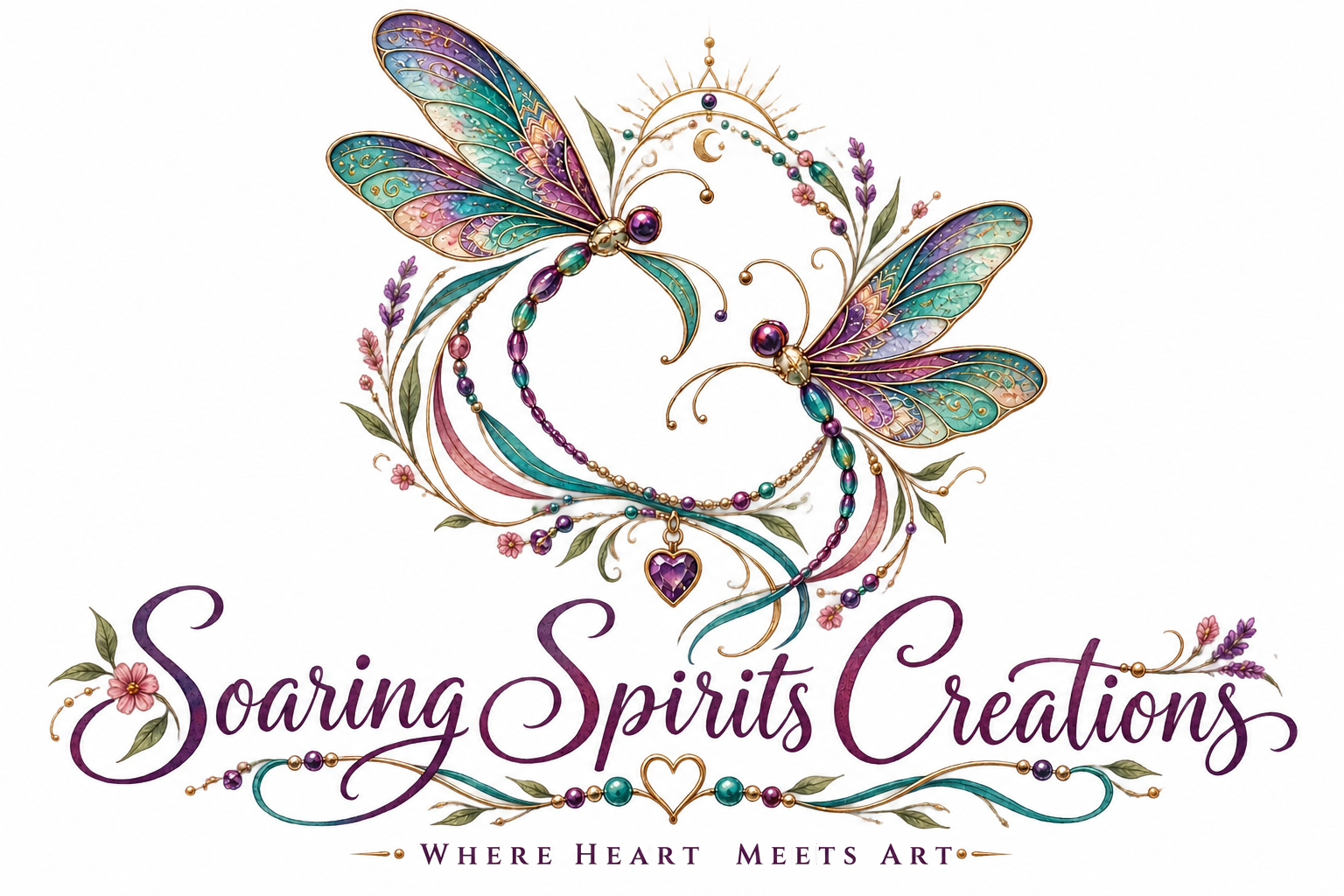 Soaring Spirits Creations logo with two ornate colorful floral dragonflies, gold and bead details, a heart ornament, the purple wordmark, and the “Where Heart Meets Art” tagline