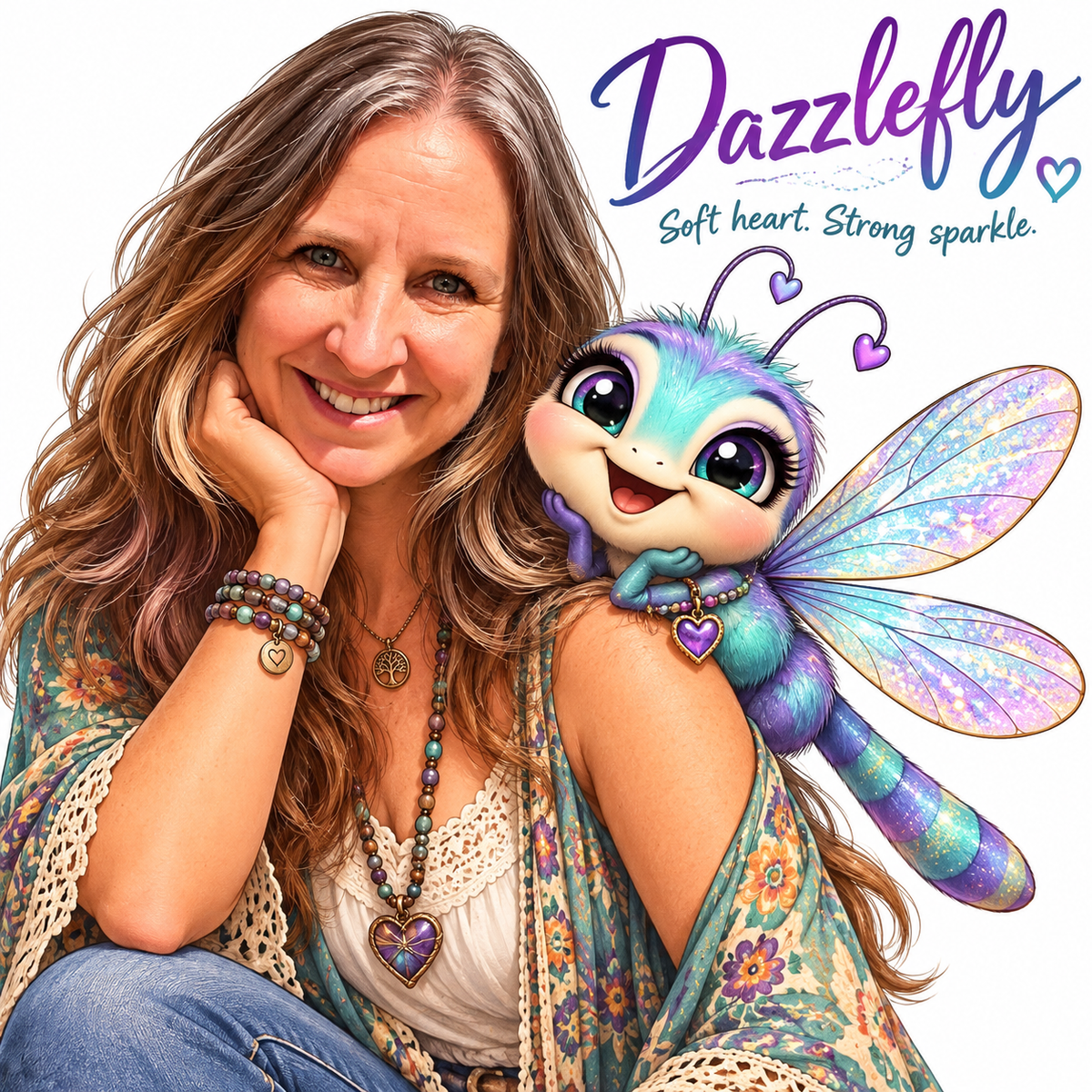 A smiling woman beside a friendly iridescent dragonfly character, with Dazzlefly lettering above them.