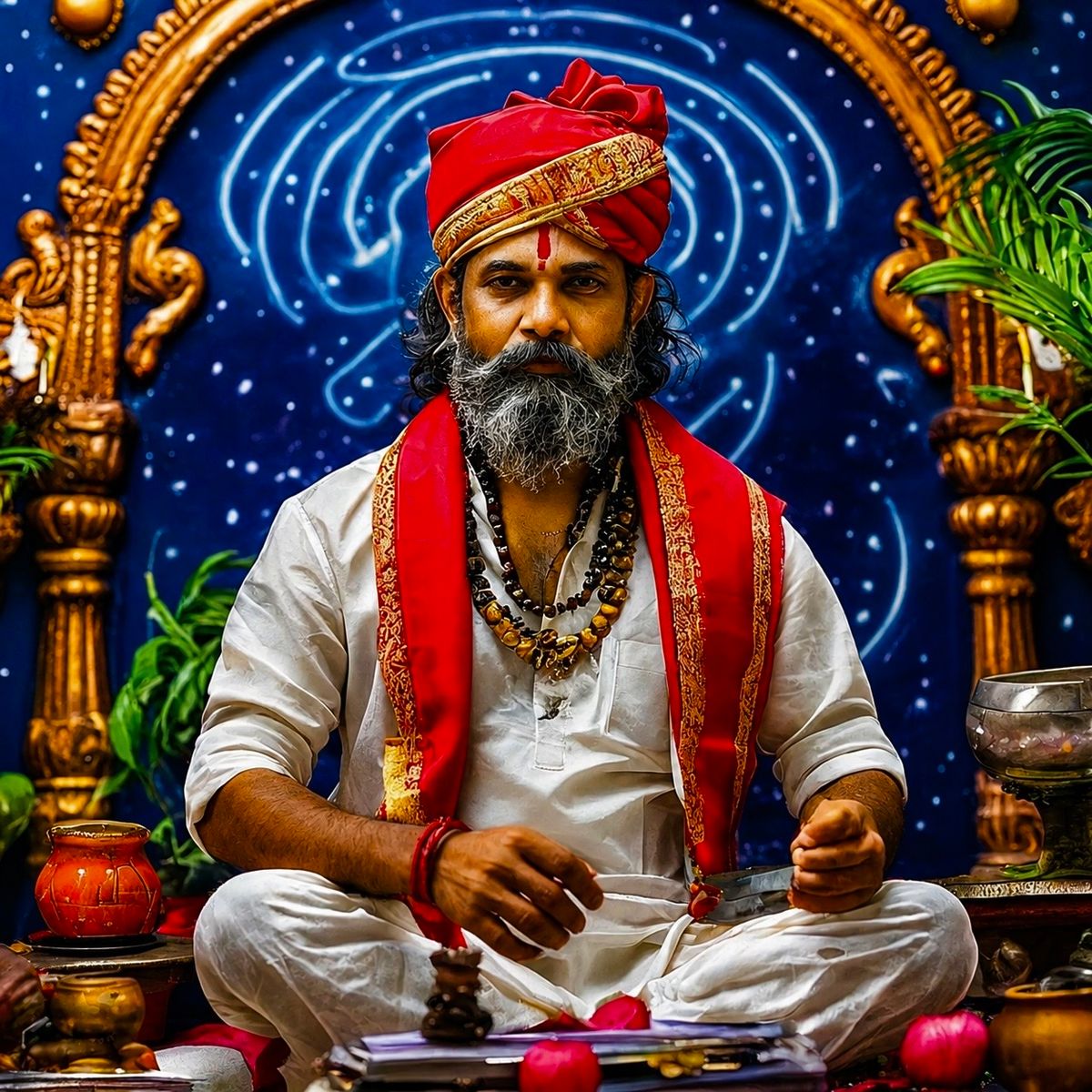 Pandit NeelaKanta Prabhu in traditional attire, seated for Vedic astrology consultation with sacred items and starry backdrop