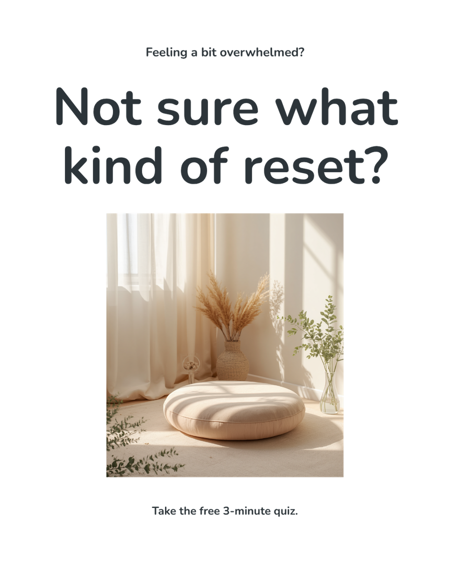 A softly lit room with a round cushion, dried grasses, and green leaves, beneath the words Not sure what kind of Rezset?