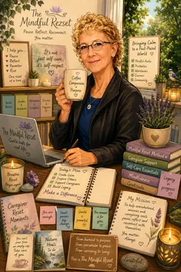Yvonne Franklin, founder of The Mindful Rezset, seated among her reflective wellness materials.