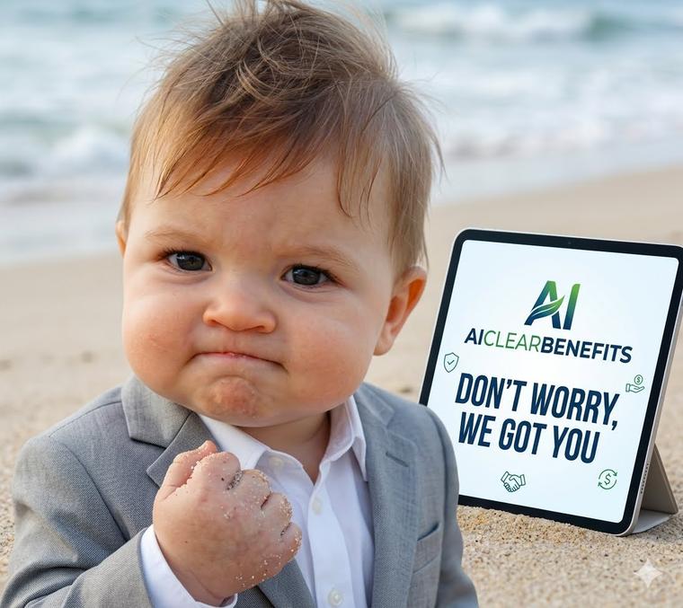 A child in a suit sits beside a tablet displaying the AI Clear Benefits message, “Don’t worry, we got you.”