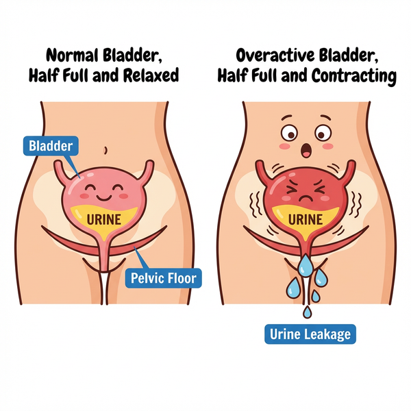 Diagram comparing a normal relaxed bladder with an overactive contracting bladder, showing how concentrated urine causes leakage