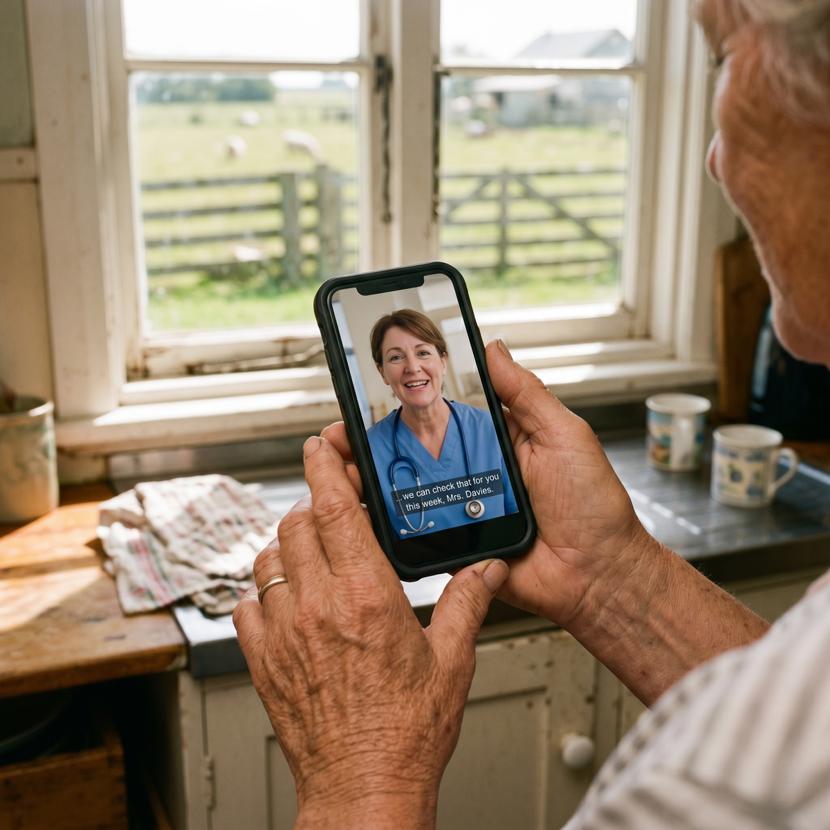 Older adult using a smartphone to connect with a health professional by video call