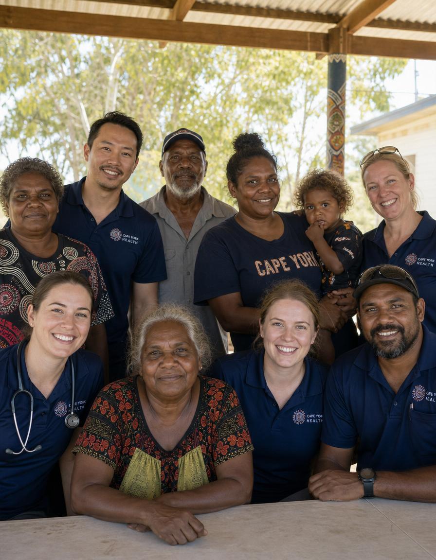 A group of healthcare professionals and community members outside a rural Australian health service