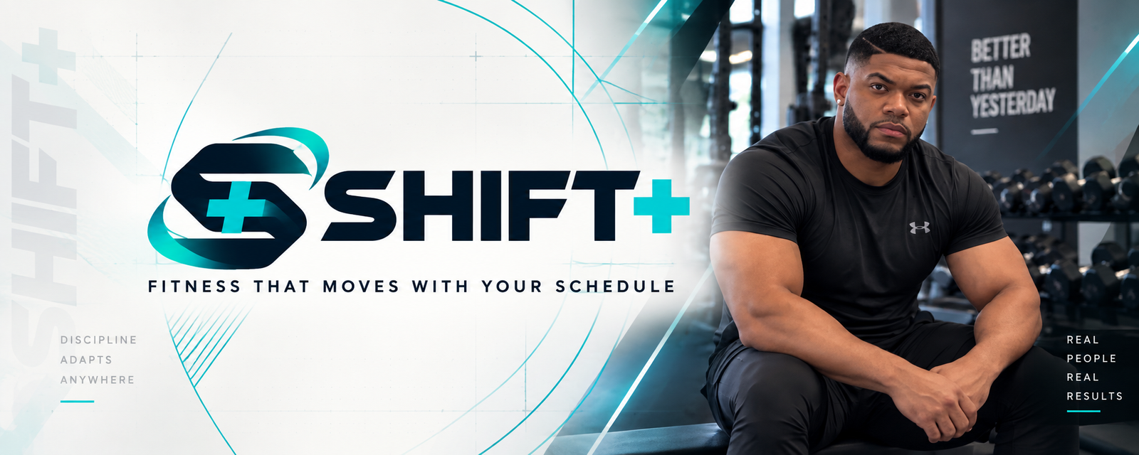 Uploaded SHIFT+ YouTube banner with the SHIFT+ logo, schedule tagline, and founder gym portrait