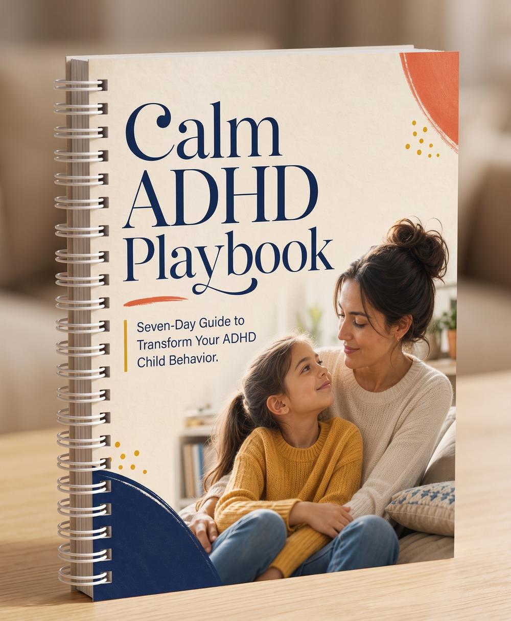 Portrait 3D mockup of the spiral-bound Calm ADHD Playbook showing its cover title and a mother and daughter together
