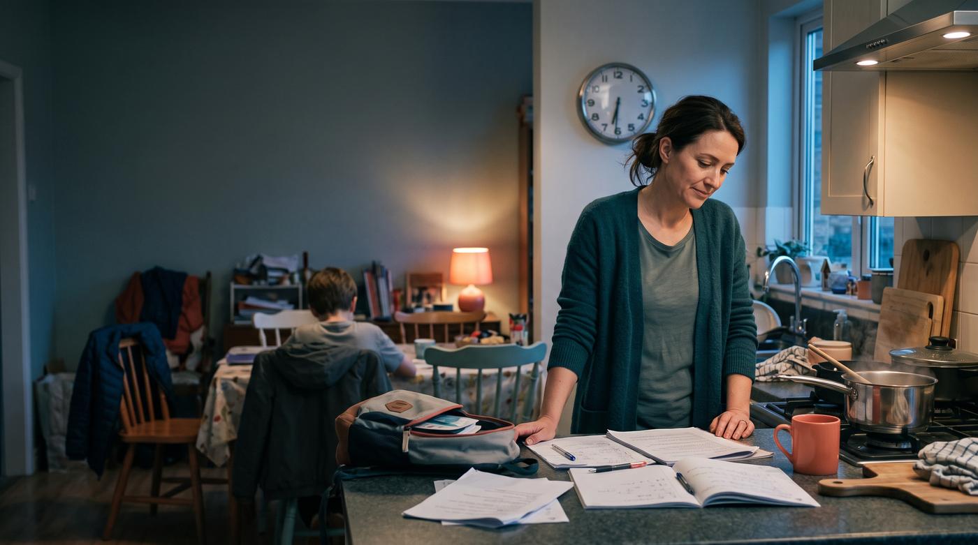 A parent and child sit together at a table with school materials in the evening.