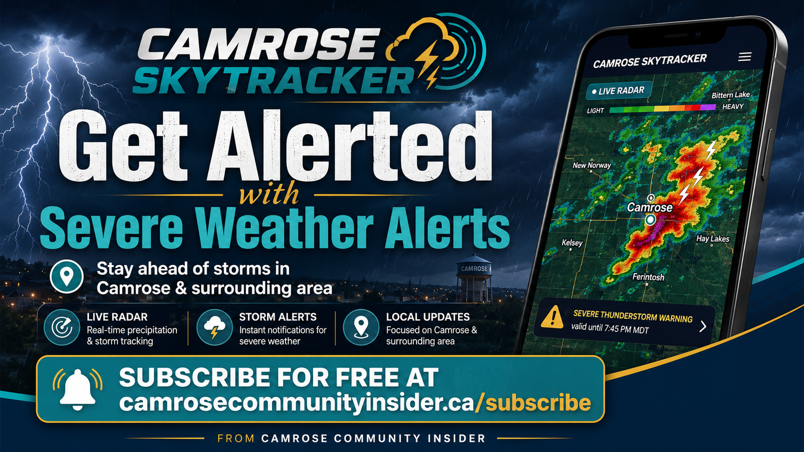 Camrose SkyTracker severe-weather email alerts – storm warning illustration for Camrose and surrounding area