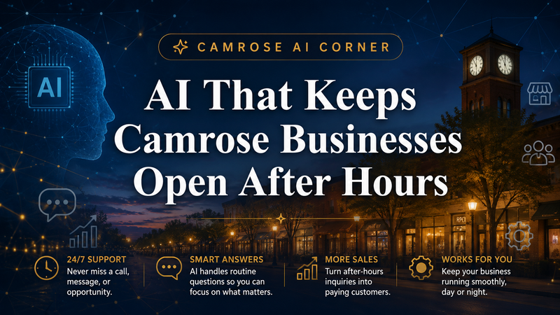 Camrose AI Corner graphic about how AI helps Camrose businesses stay open after hours.