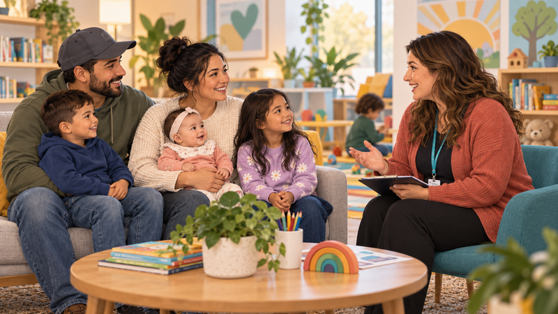 Camrose family speaking with a family resource worker in a welcoming community room.