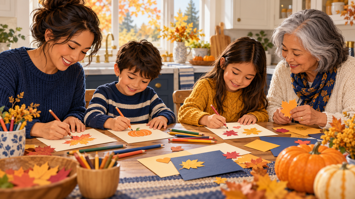Four family members draw autumn leaves and pumpkins on thank-you cards around a table.