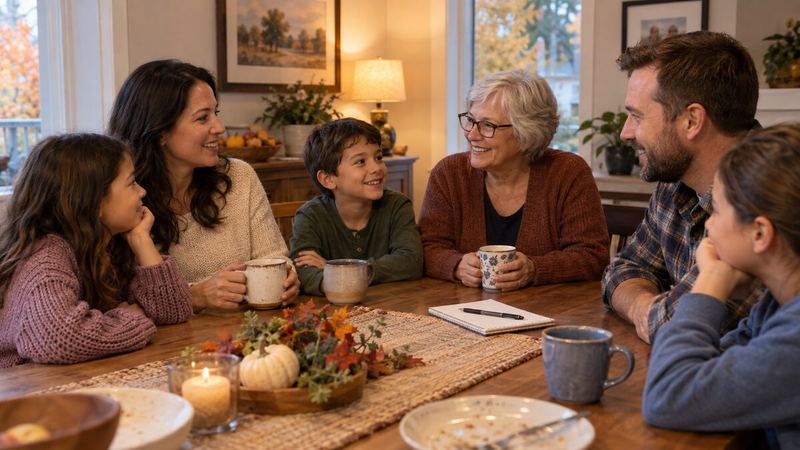 Family members sharing a weekly conversation around a table at home.