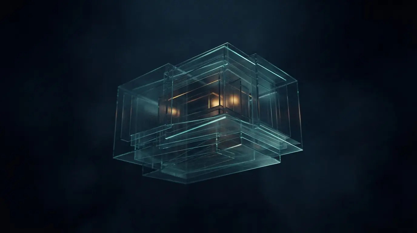 Cinematic concept preview showing an abstract glass structure with teal edge lighting