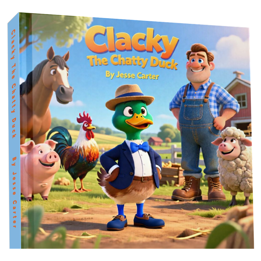 Clacky The Chatty Duck cover, featuring Clacky with his farm friends