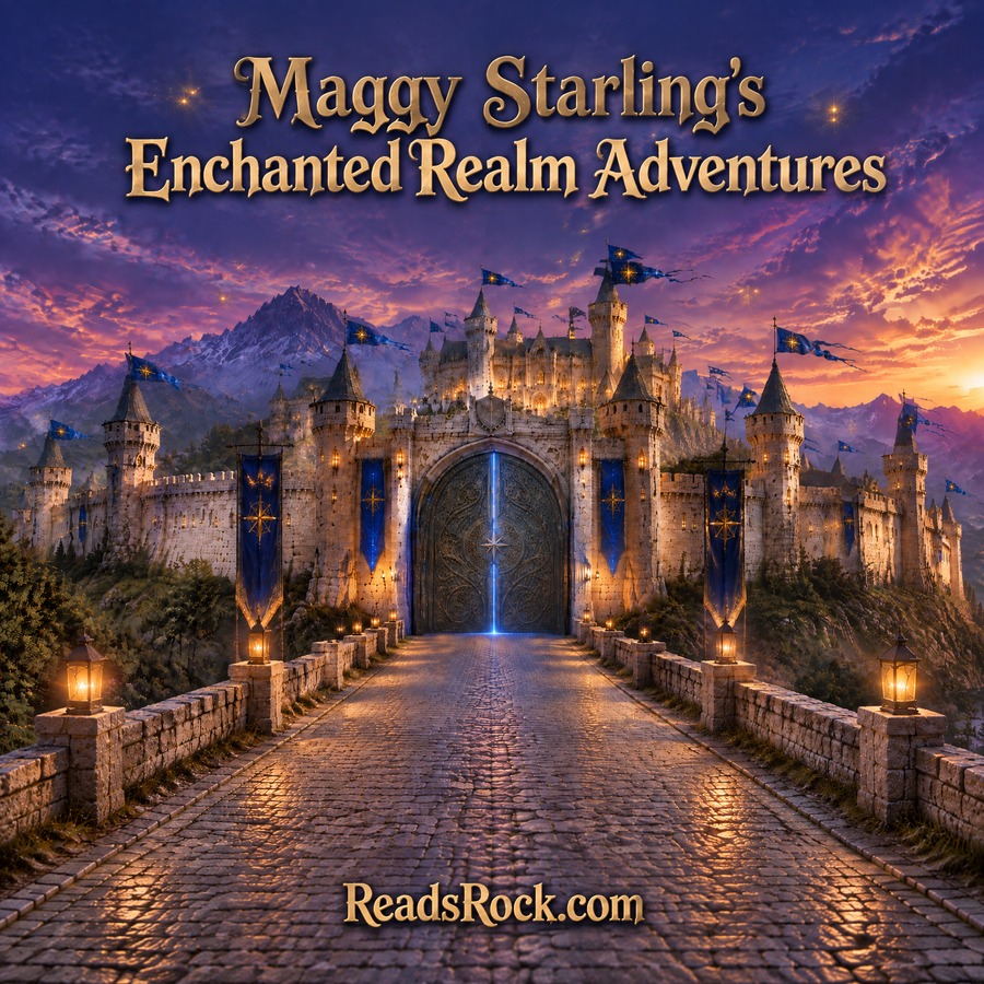 Maggy Starling's Enchanted Realm Adventures title card, showing Astraea Castle beneath a sunset sky.