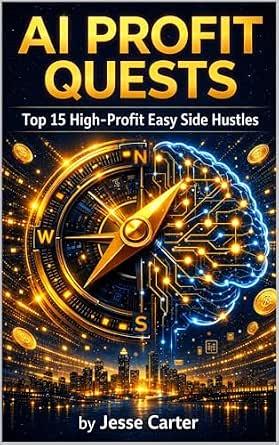 Ai Profit Quests: Top 15 High-Profit Easy Side Hustles cover with a glowing compass, circuit-brain design, and city skyline