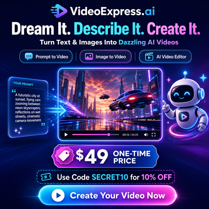 Video Express AI video creation promo with text and image tools