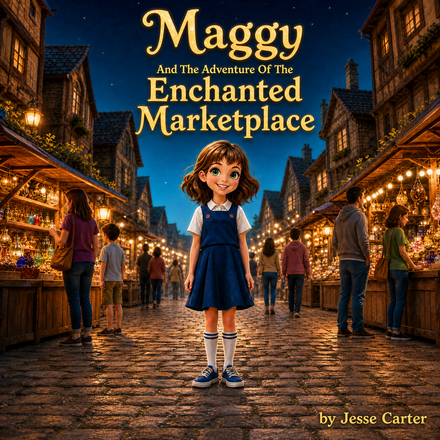 Maggy And The Adventure Of The Enchanted Marketplace cover, featuring Maggy Starling in an enchanted marketplace at night
