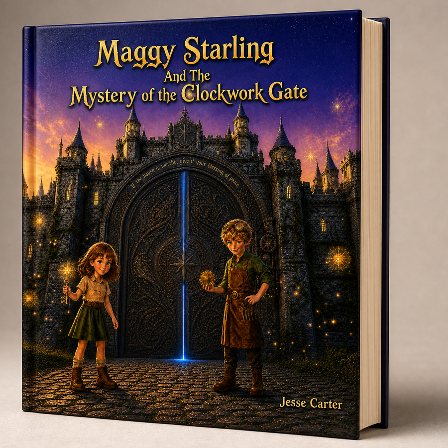 3D book mockup of Maggy Starling And The Mystery of the Clockwork Gate, with Maggy and a young inventor before an illuminated clockwork gate at a castle.