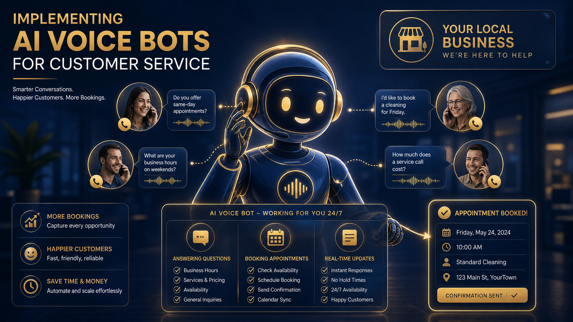 Friendly AI voice bot robot wearing a headset, answering customer phone questions about appointments, business hours, and pricing while booking appointments on a calendar — Implementing AI Voice Bots for customer service, showing more bookings, happier customers, and appointment booked confirmation