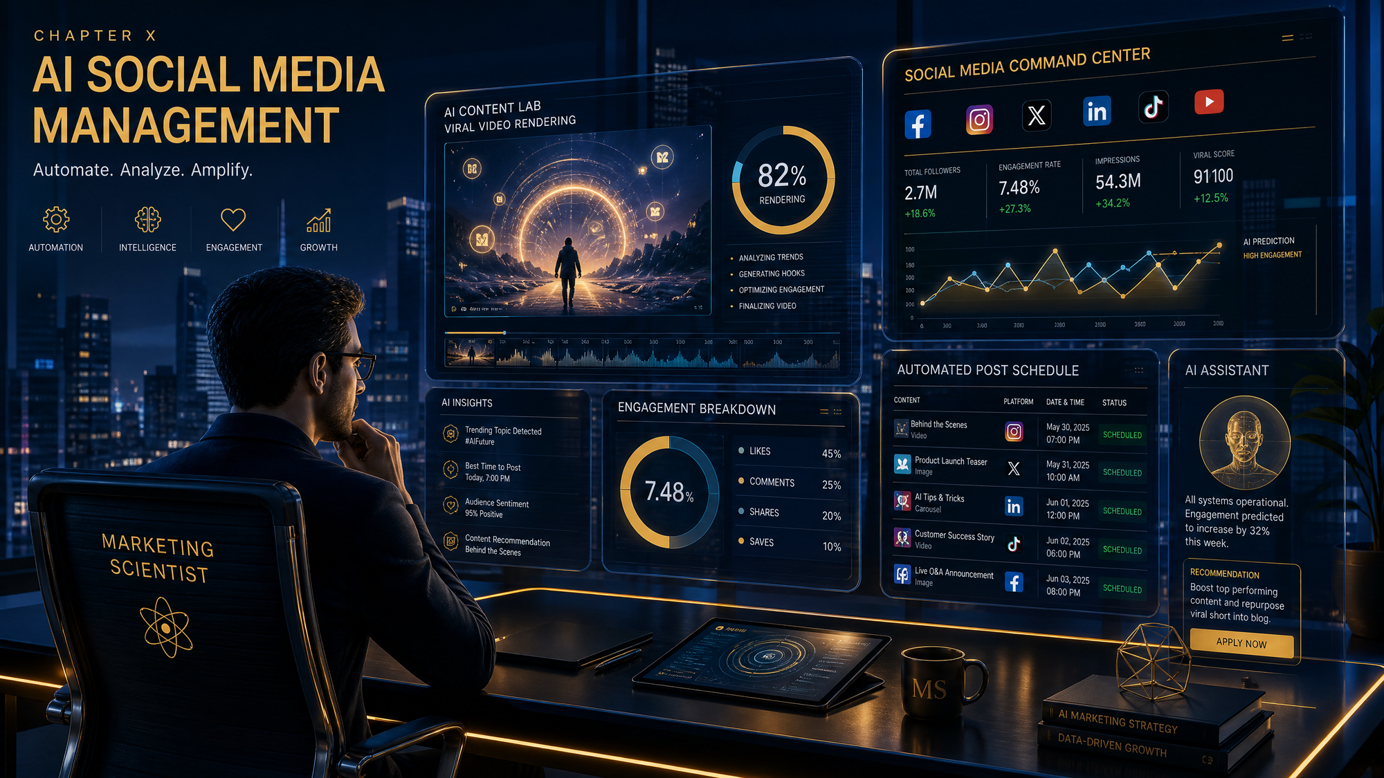 AI Social Media Management infographic showing automated AI Content Lab for viral video rendering, Social Media Command Center with multi-platform analytics across Facebook, Instagram, X, LinkedIn, TikTok and YouTube, automated post scheduling, engagement breakdown, and AI assistant growth recommendations