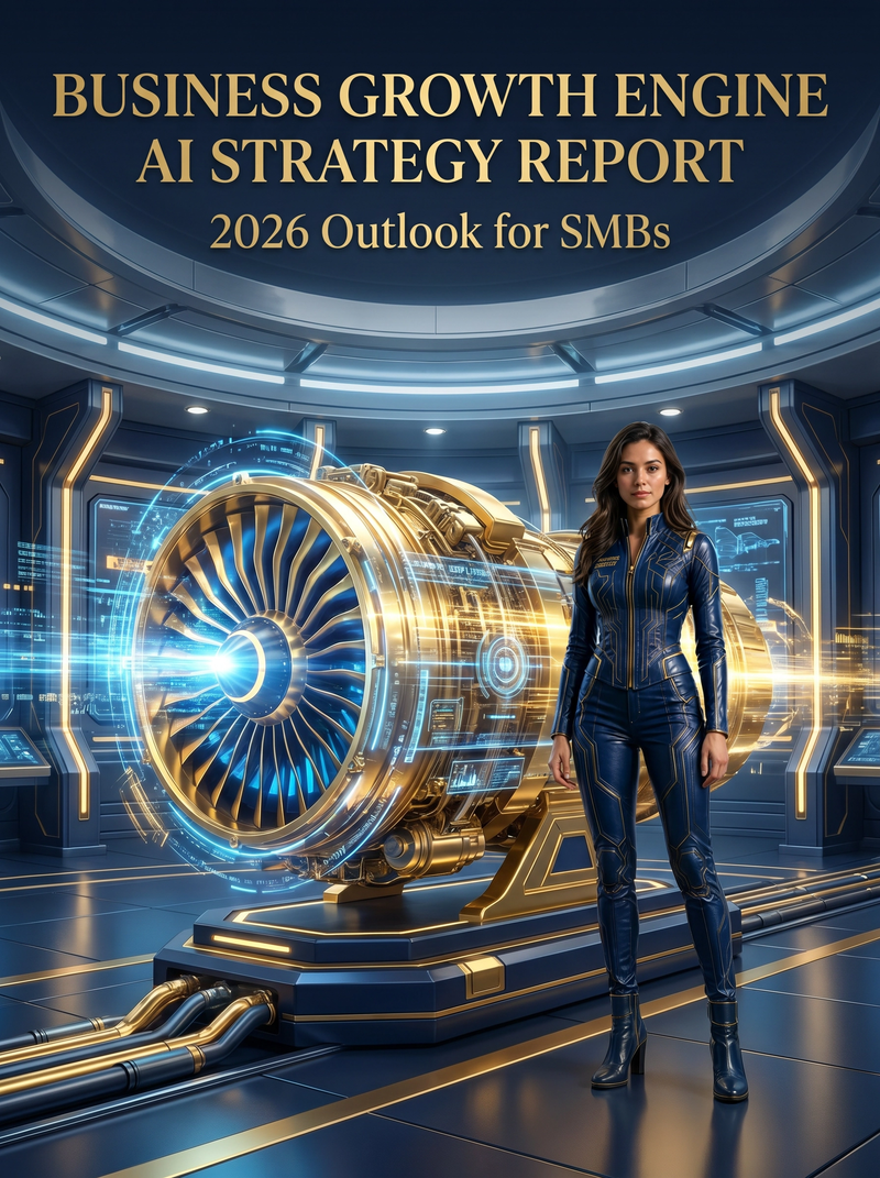 Business Growth Engine AI Strategy Report 2026 Outlook for SMBs cover showing Dr. Aris beside a golden business growth engine