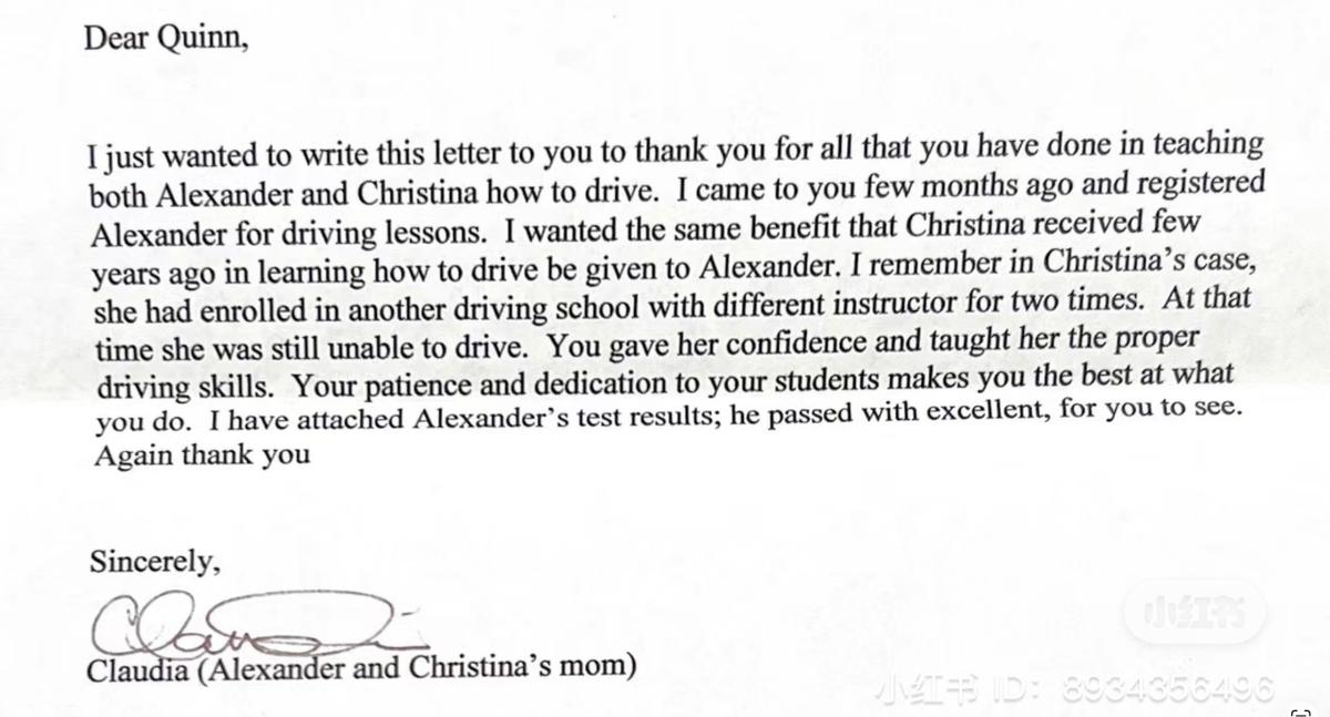 Customer thank-you letter about driving lessons for Alexander and Christina