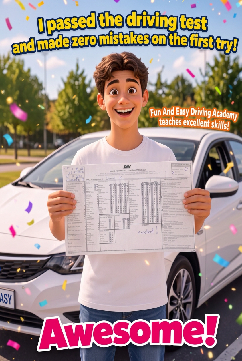 Student celebrating a passed driving test in front of a white car while holding a score sheet with confetti and celebratory text