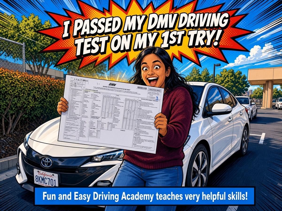 Comic-style student holding a DMV score sheet beside a white car and celebrating a first-try pass
