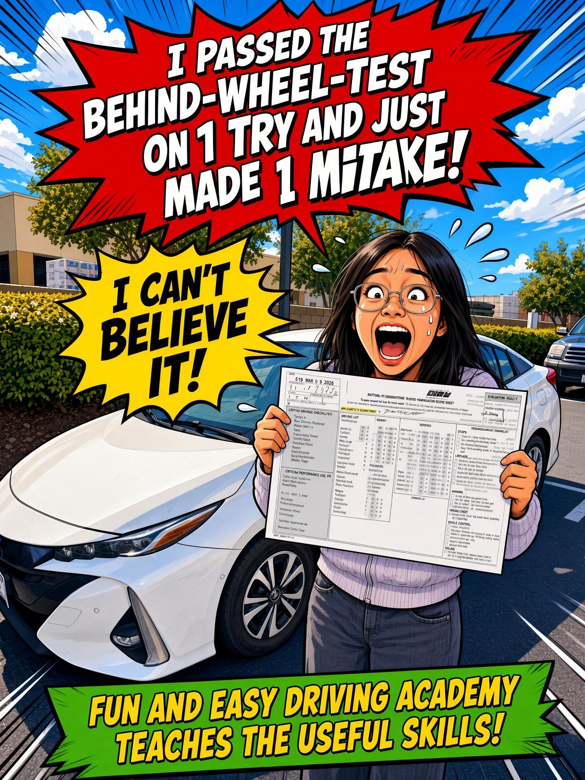 Comic-style student holding a DMV score sheet beside a white car with celebratory messages