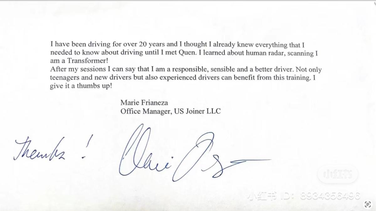 Customer testimonial letter praising improved driving confidence