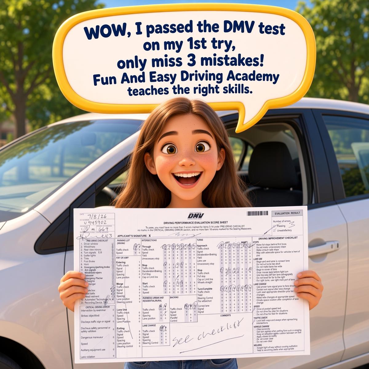 Illustrated student celebrating a first-try DMV test pass while holding a DMV score sheet beside a white car with a celebratory speech bubble