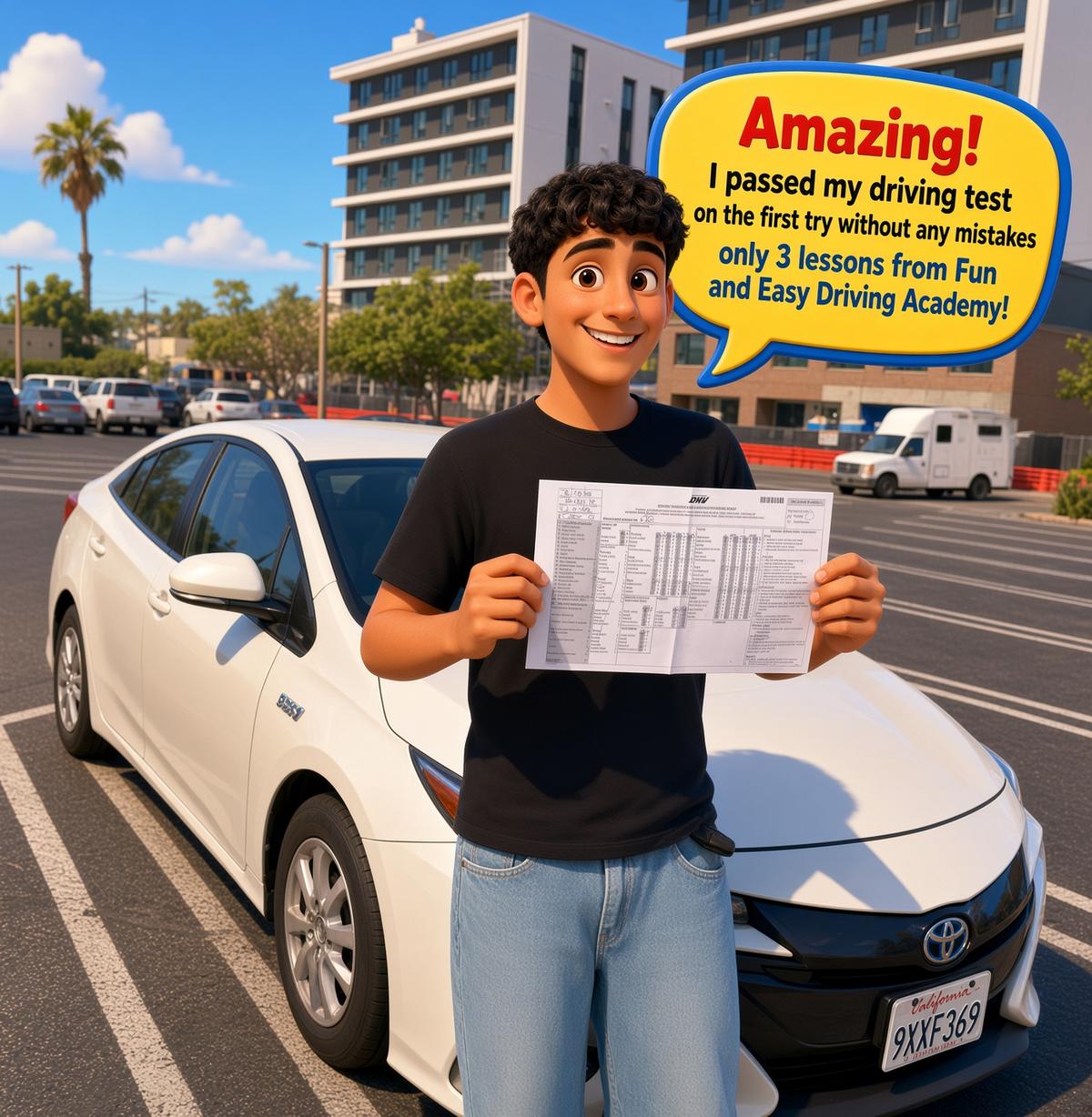 3D-style student holding a DMV score sheet beside a white car with a yellow testimonial bubble